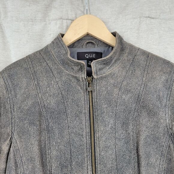 QUE Women's Gray Leather Moto Bikercore Jacket Women's Medium - Picture 2 of 15